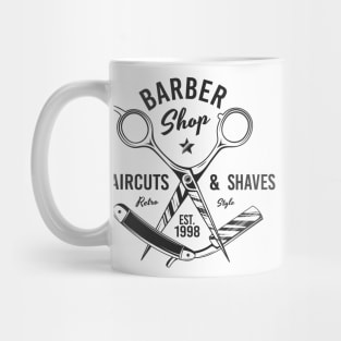 Barbershop print with scissors. Monochrome retro design. Mug